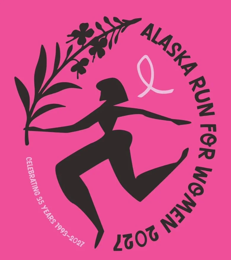 2027 design: a running woman holding a stalk of fireweed, ringed by the words Alaska Run for Women 2027