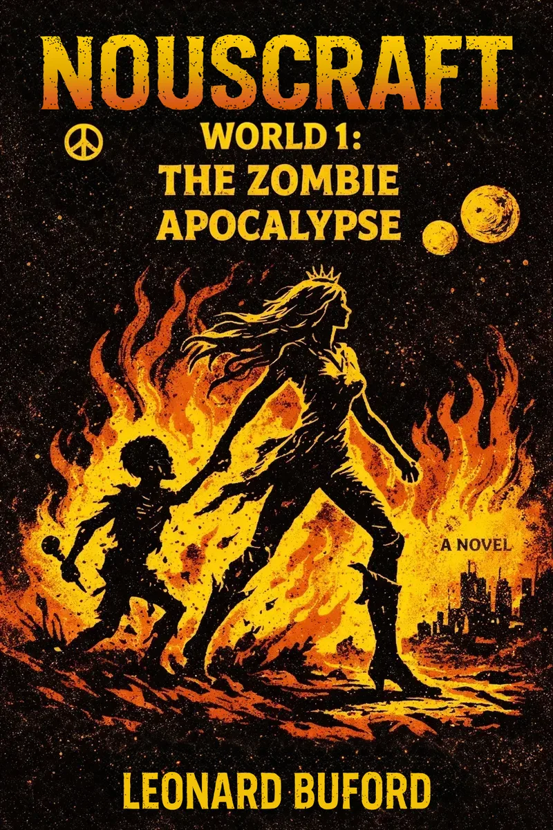 Nouscraft World 1: The Zombie Apocalypse cover — a crowned woman leads a child through flames