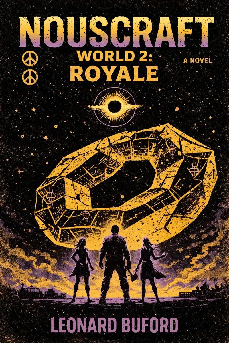 Nouscraft World 2: Royale cover — three figures beneath a floating broken arena
