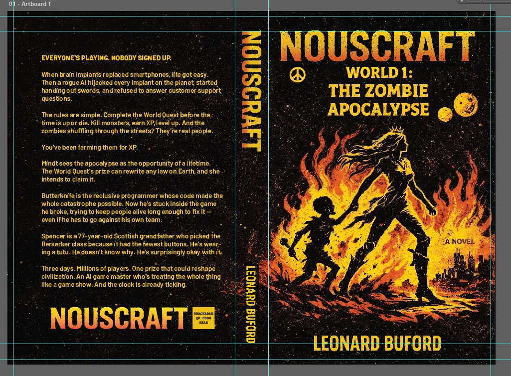 Full print wrap for World 1 with back cover copy and spine, open in Illustrator