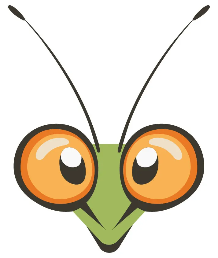 Videomancy mascot: a green praying mantis head with large orange eyes