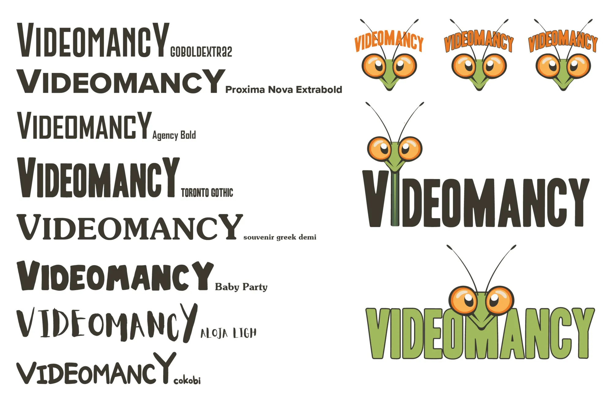 Type exploration: Videomancy set in eight typefaces beside four mascot lockups